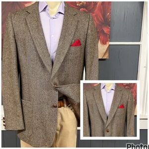 Vintage Unbranded Tweed Blazer Sport Coat Mens 44L Long Wool Herringbone Brown